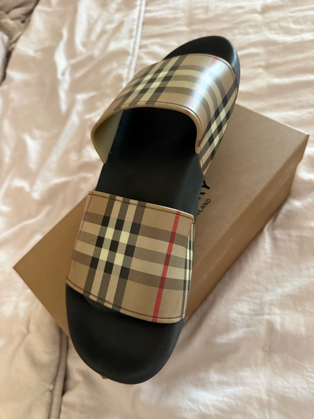 Burberry Archive Beige and Black Plaid Slide Sandals
